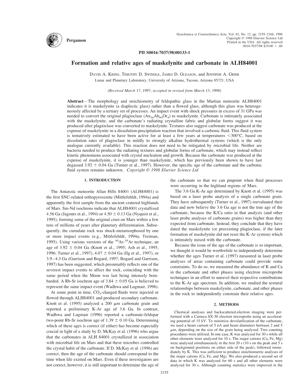 Formation and Relative Ages of Maskelynite and Carbonate in ALH84001