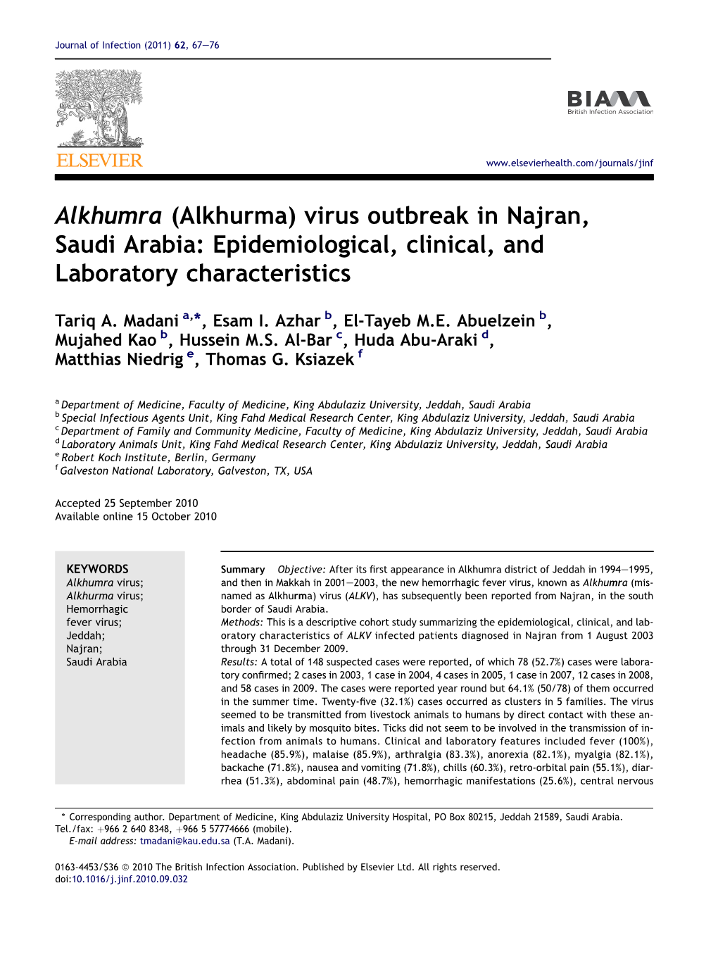 Alkhumra (Alkhurma) Virus Outbreak in Najran, Saudi Arabia: Epidemiological, Clinical, and Laboratory Characteristics