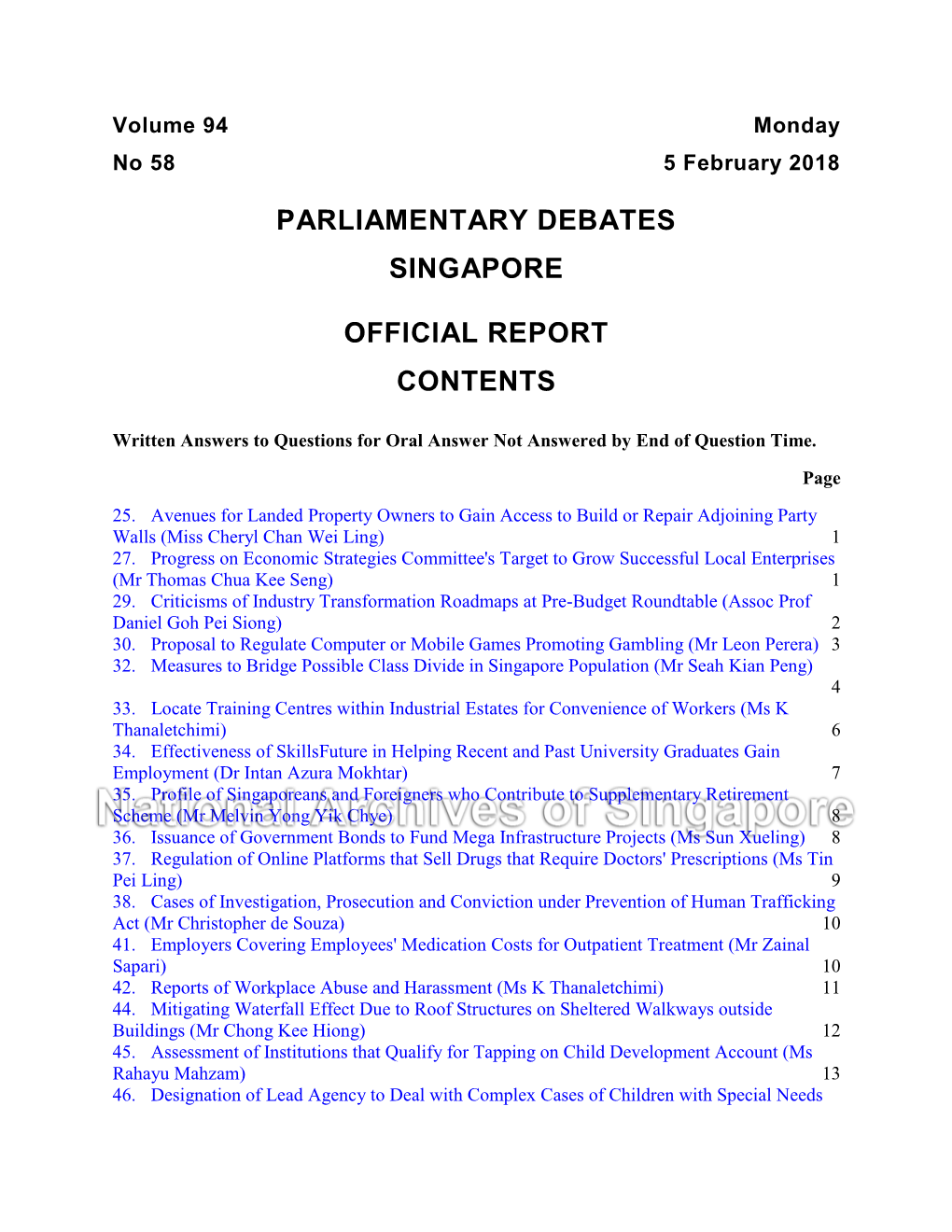 Parliamentary Debates Singapore Official Report Contents