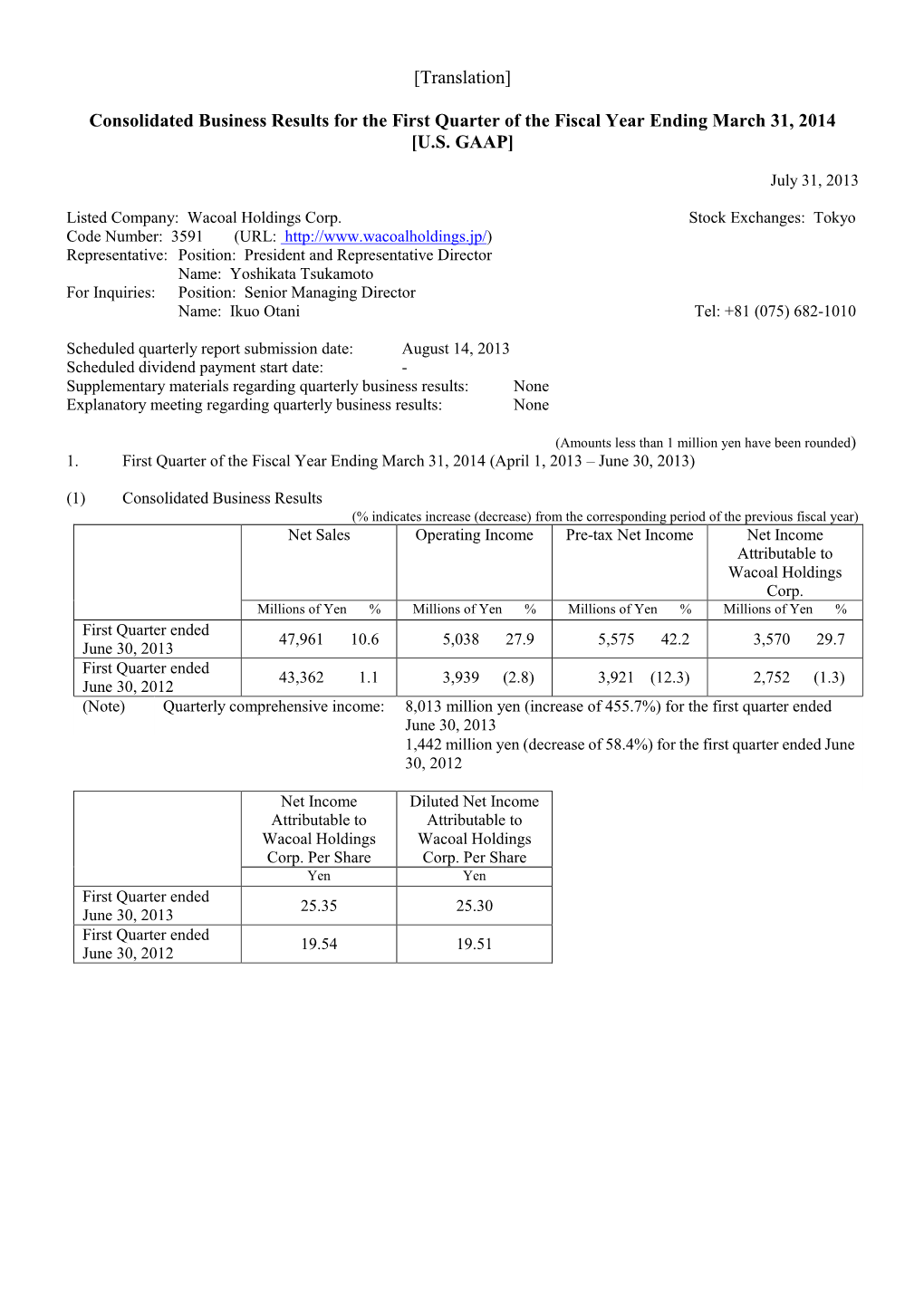 Consolidated Business Results for the First Quarter of the Fiscal Year Ending March 31, 2014 [U.S