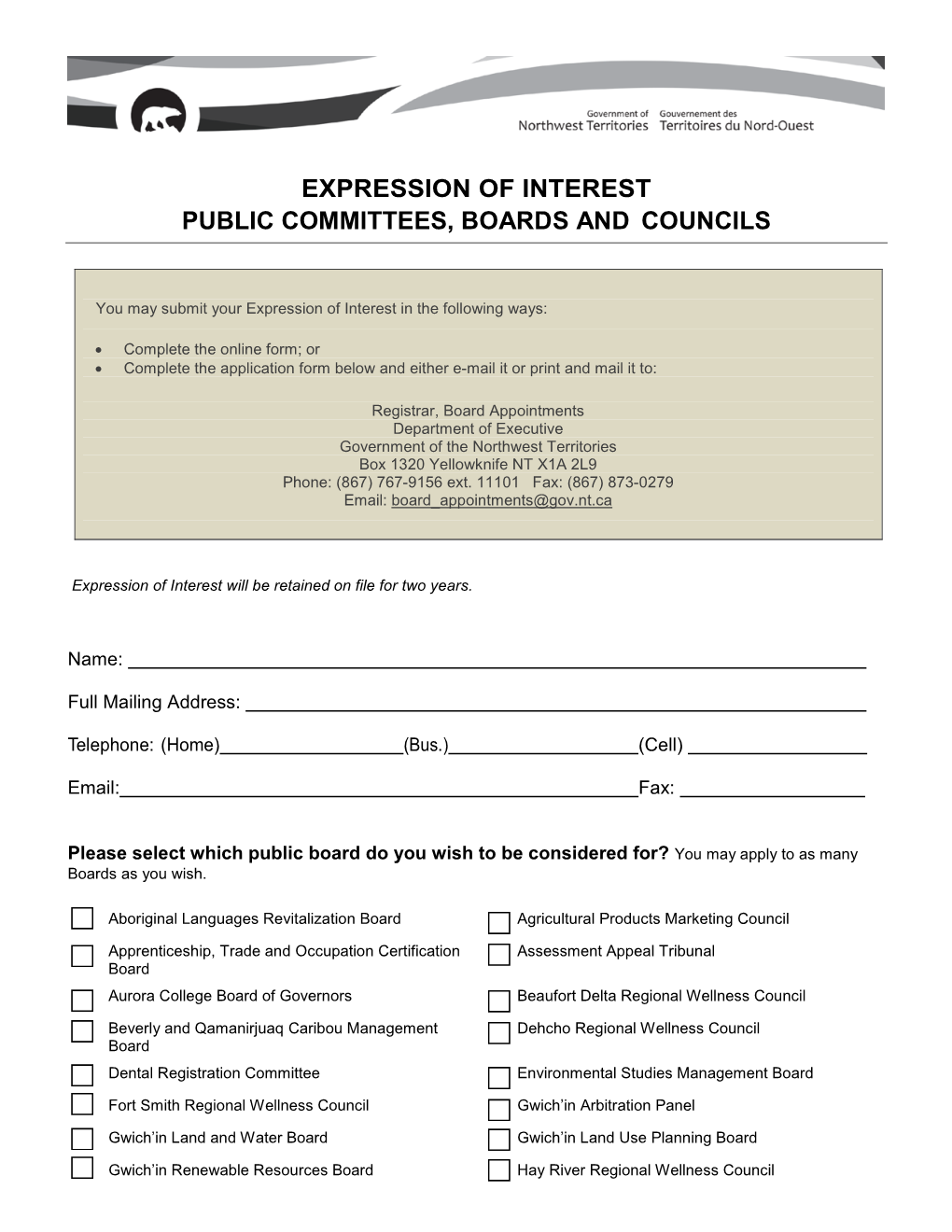 Expression of Interest Public Committees, Boards and Councils