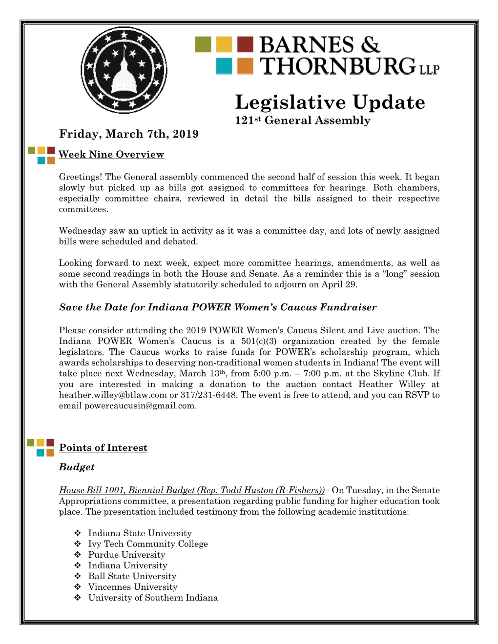 Legislative Update 121St General Assembly Friday, March 7Th, 2019
