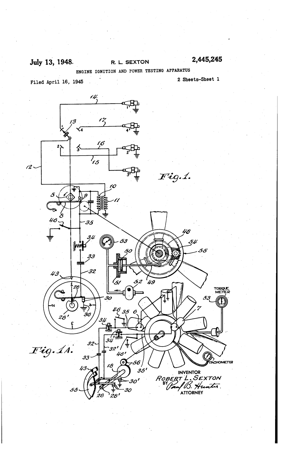 July 13, 1948- I R. L. SEXTON 2,445,245 ‘ ENGINE IGNITION and POWER TESTING APPARATUS Filed Aprii 16, 1945