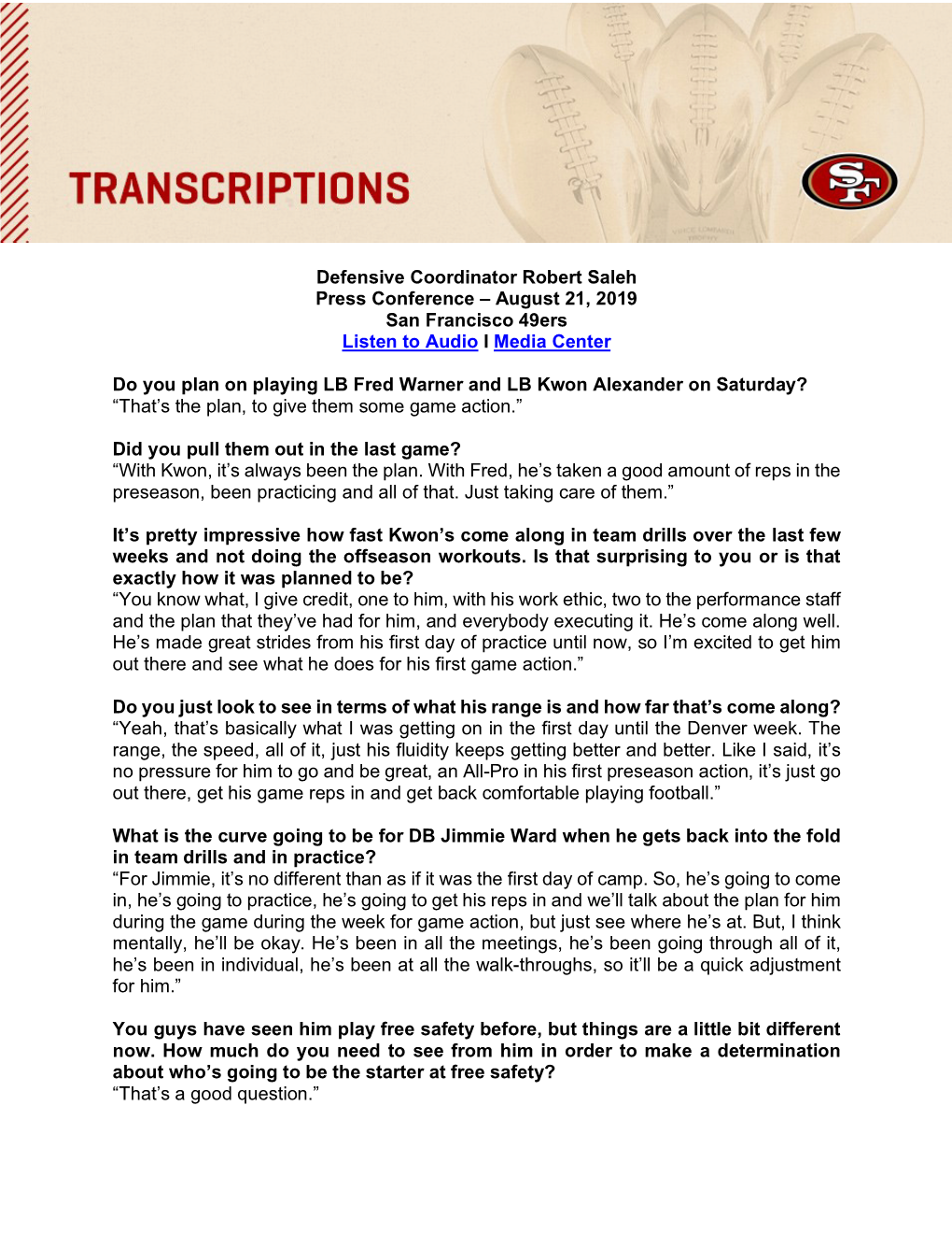 Defensive Coordinator Robert Saleh Press Conference – August 21, 2019 San Francisco 49Ers Listen to Audio I Media Center