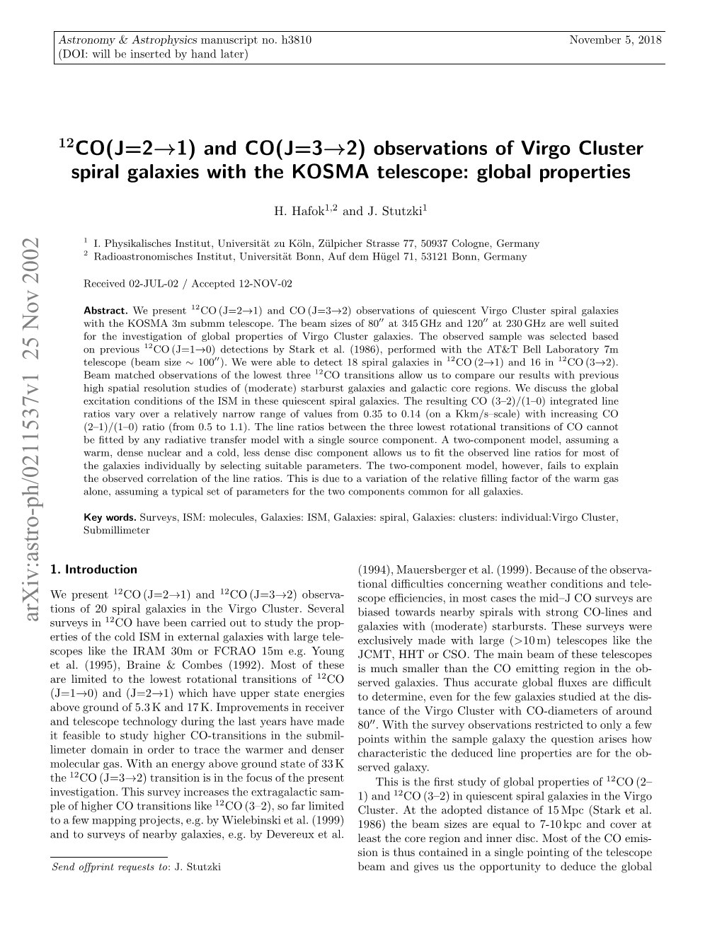 12CO (J= 2-> 1) and CO (J= 3-> 2) Observations of Virgo Cluster Spiral