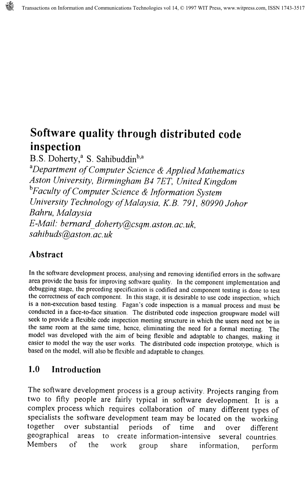 Software Quality Through Distributed Code Inspection B.S. Doherty,* S