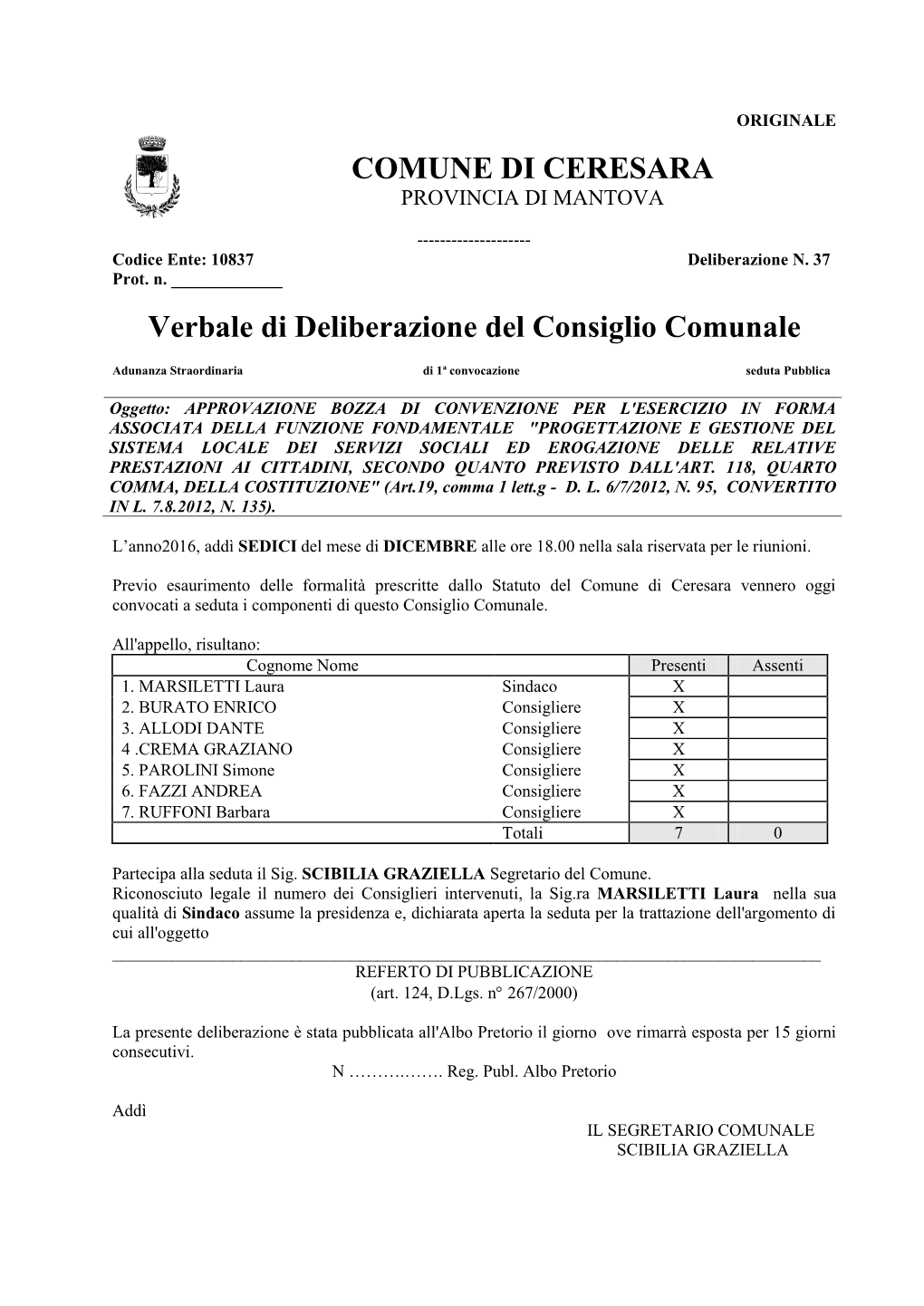 COMUNE DI CERESARA Verbale Di Deliberazione Del Consiglio