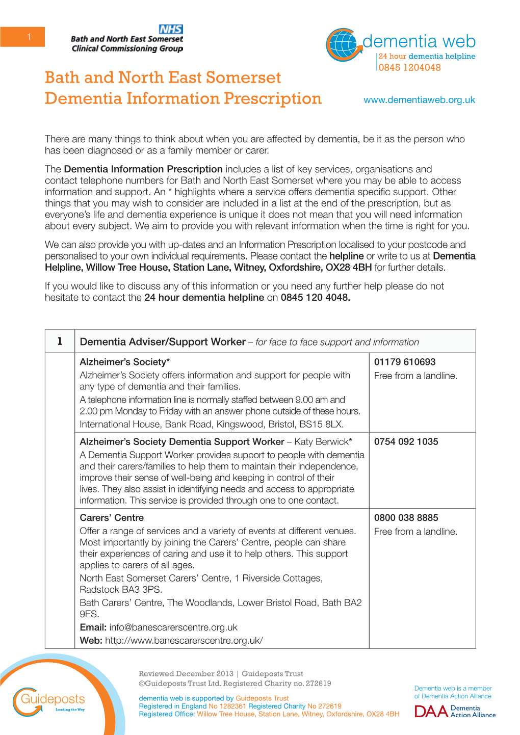 Bath and North East Somerset Dementia Information Prescription