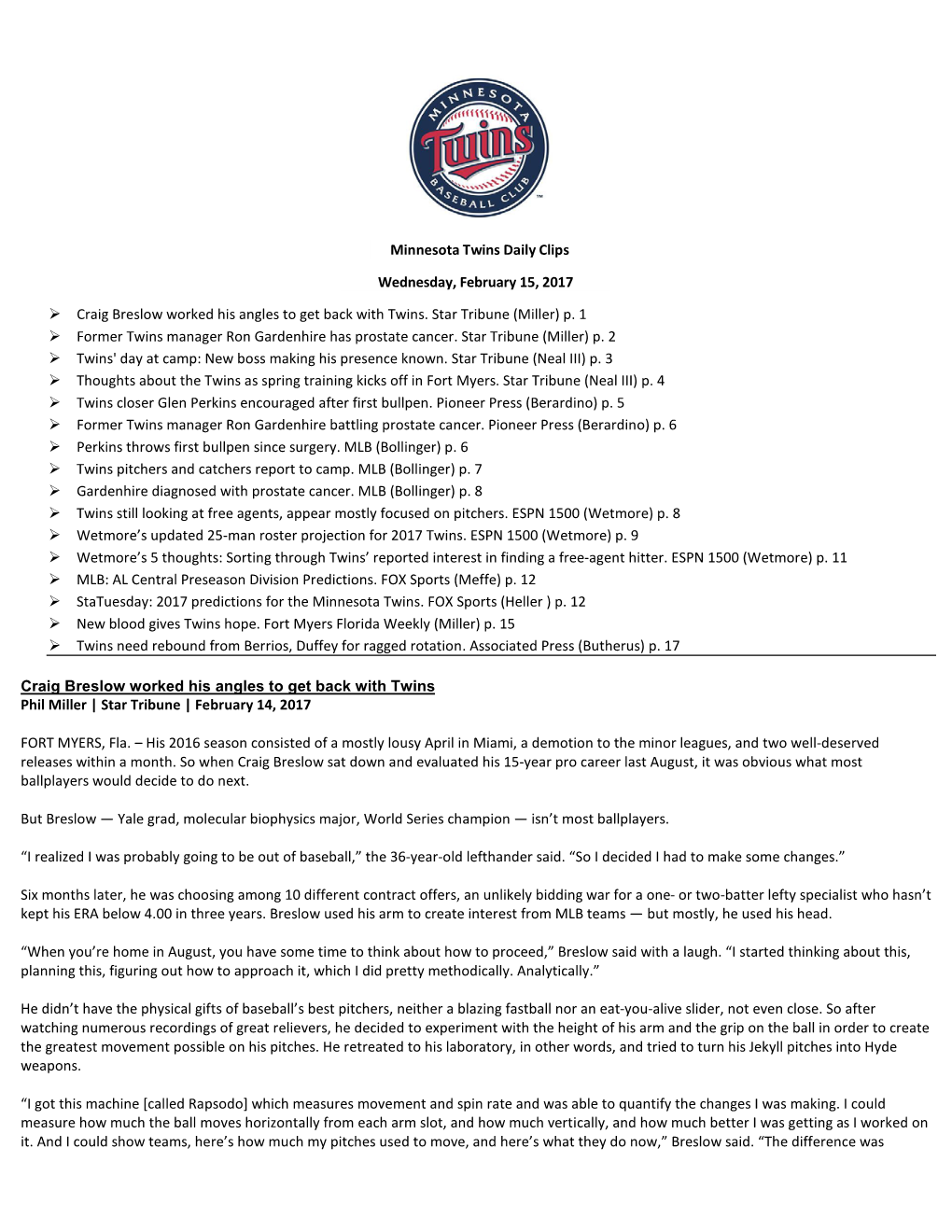 Minnesota Twins Daily Clips Wednesday, February 15