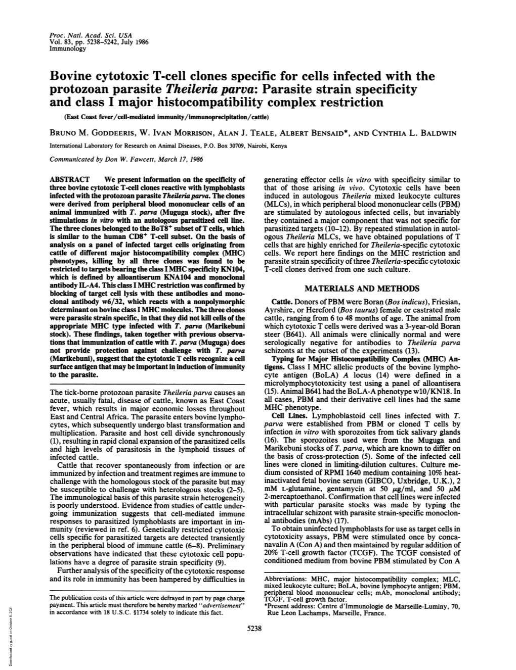 And Class I Major Histocompatibility Complex Restriction (East Coast Fever/Cell-Mediated Immunity/Immunoprecipitation/Cattle) BRUNO M