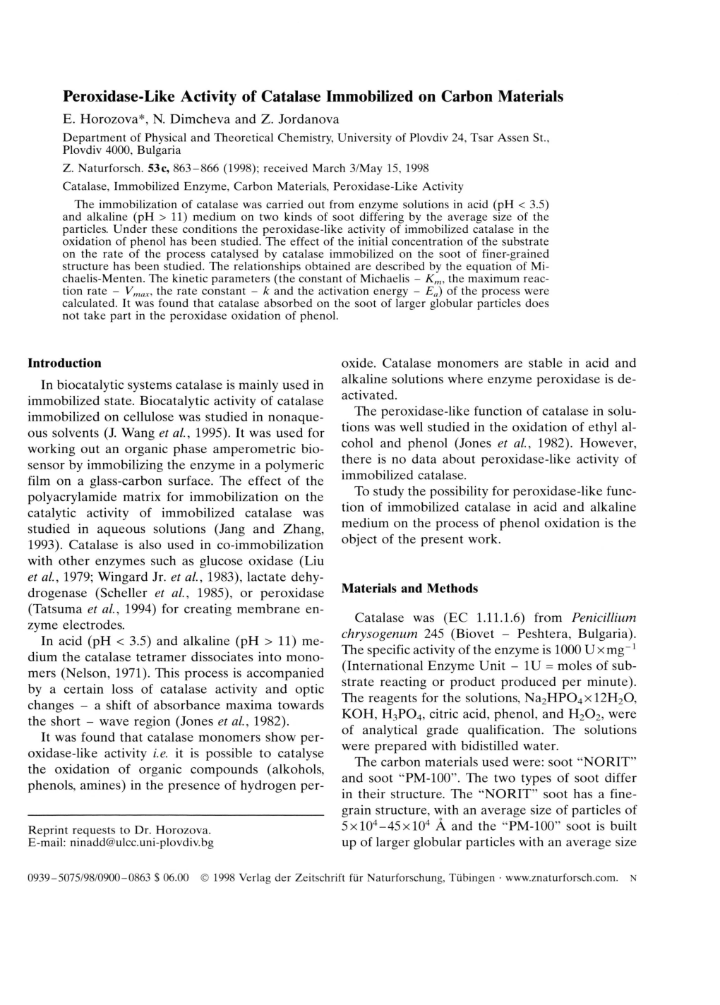 Peroxidase-Like Activity of Catalase Immobilized on Carbon Materials E