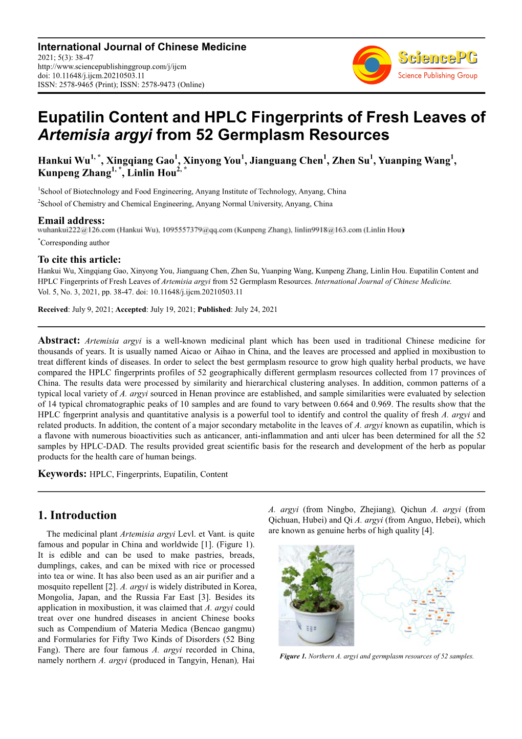 Eupatilin Content and HPLC Fingerprints of Fresh Leaves of Artemisia Argyi from 52 Germplasm Resources