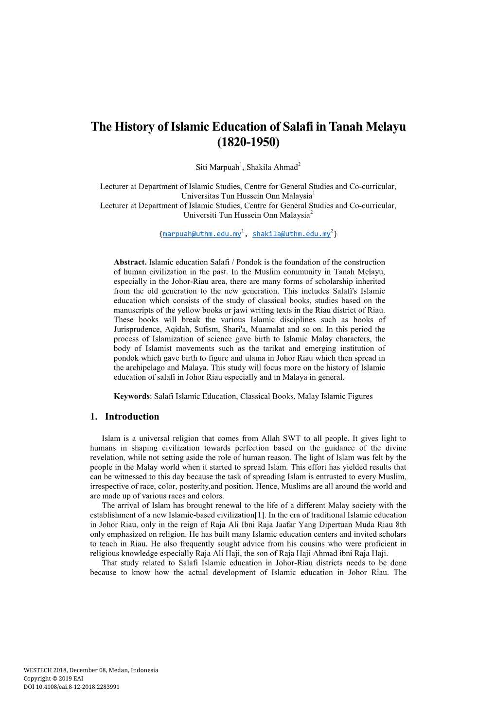 The History of Islamic Education of Salafi in Tanah Melayu (1820-1950)