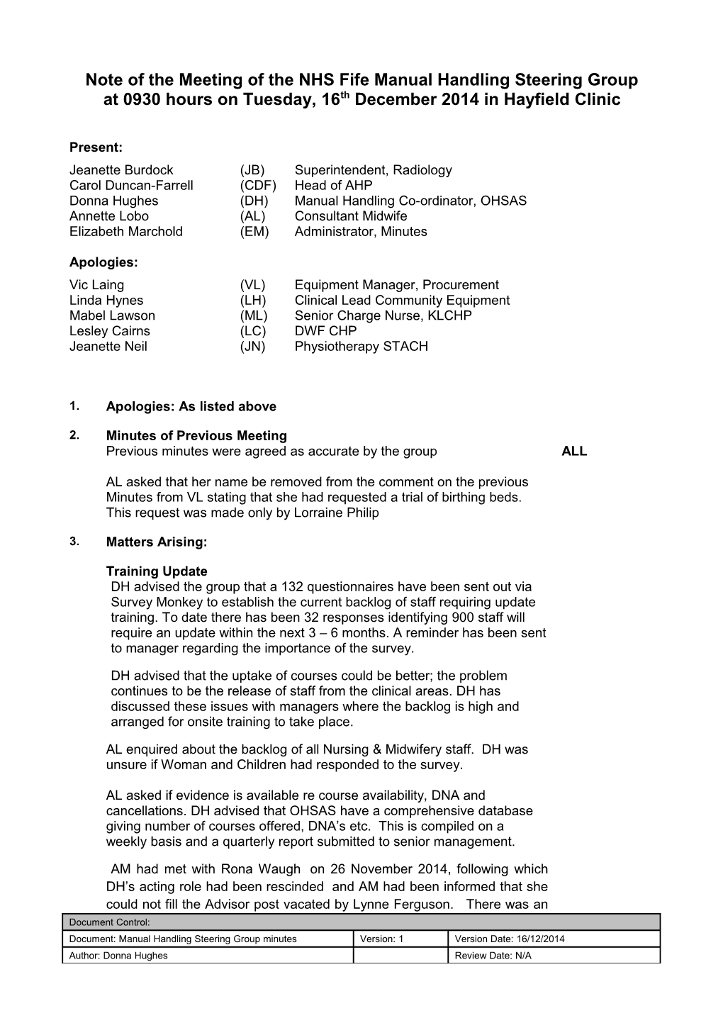 Note of the Meeting of the NHS Fife Manual Handling Steering Group