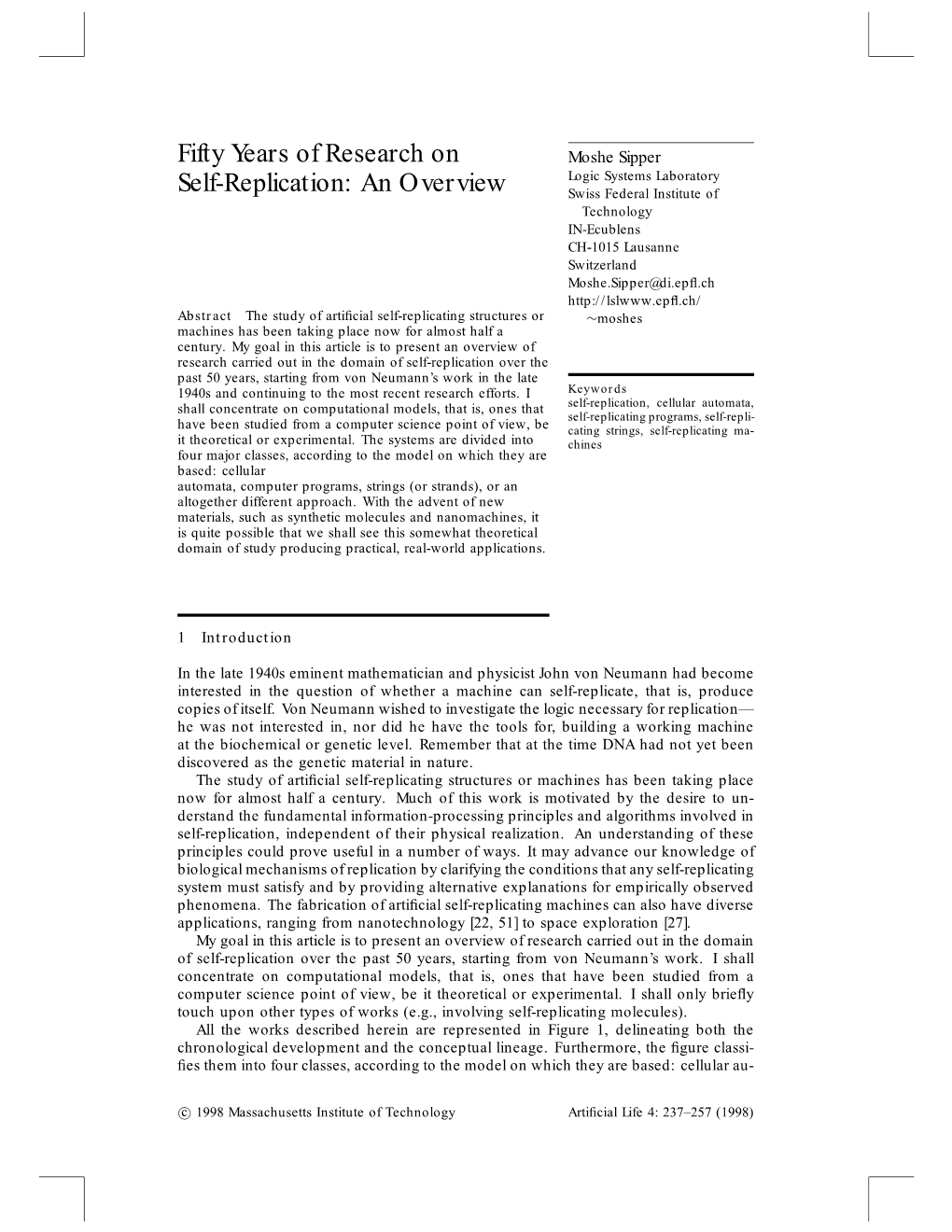 Fifty Years of Research on Self-Replication: an Overview