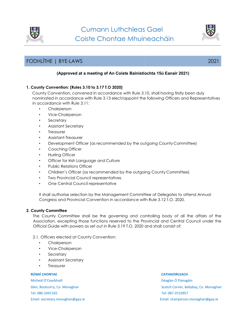 2021 Bye-Laws for Coiste Chontae Mhuineacháin