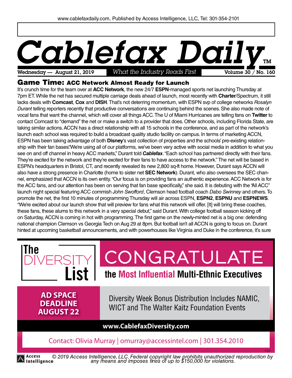 Cablefax Dailytm Wednesday — August 21, 2019 What the Industry Reads First Volume 30 / No