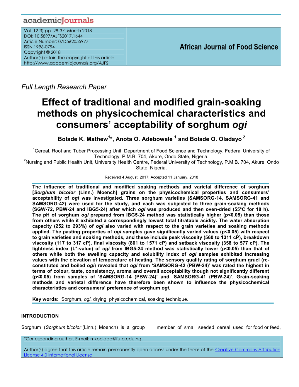 Effect of Traditional and Modified Grain-Soaking Methods on Physicochemical Characteristics and Consumers’ Acceptability of Sorghum Ogi
