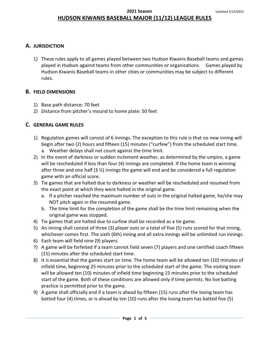 Hudson Kiwanis Baseball Major (11/12) League Rules