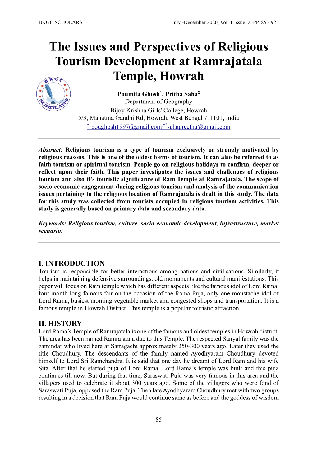 The Issues and Perspectives of Religious Tourism Development at Ramrajatala Temple, Howrah