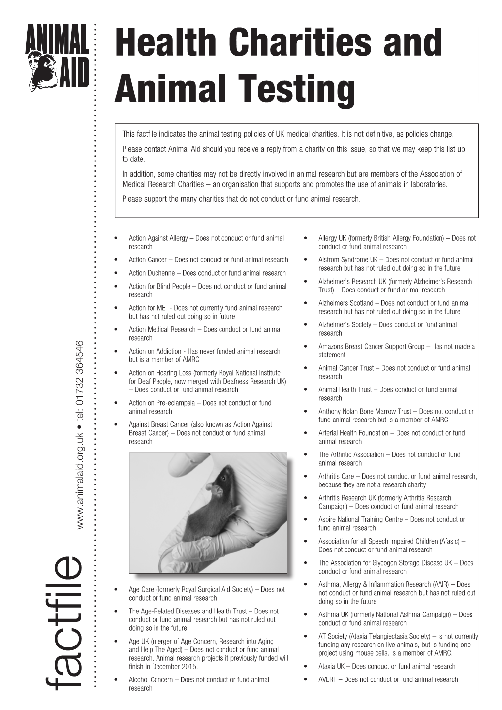 Factfile Indicates the Animal Testing Policies of UK Medical Charities