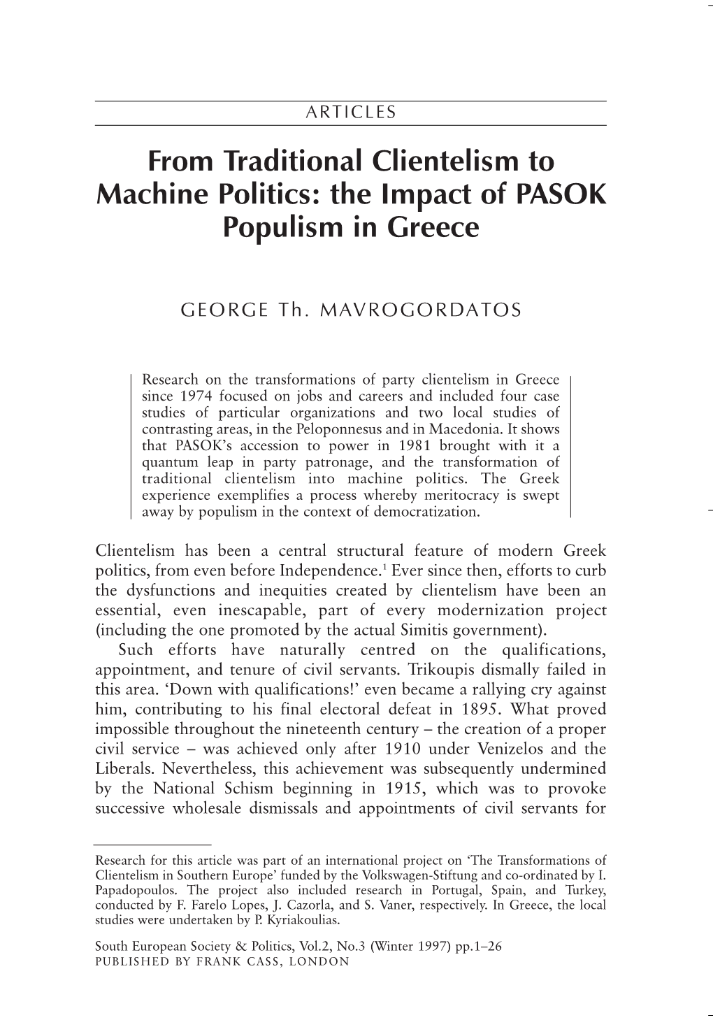From Traditional Clientelism to Machine Politics: the Impact of PASOK Populism in Greece
