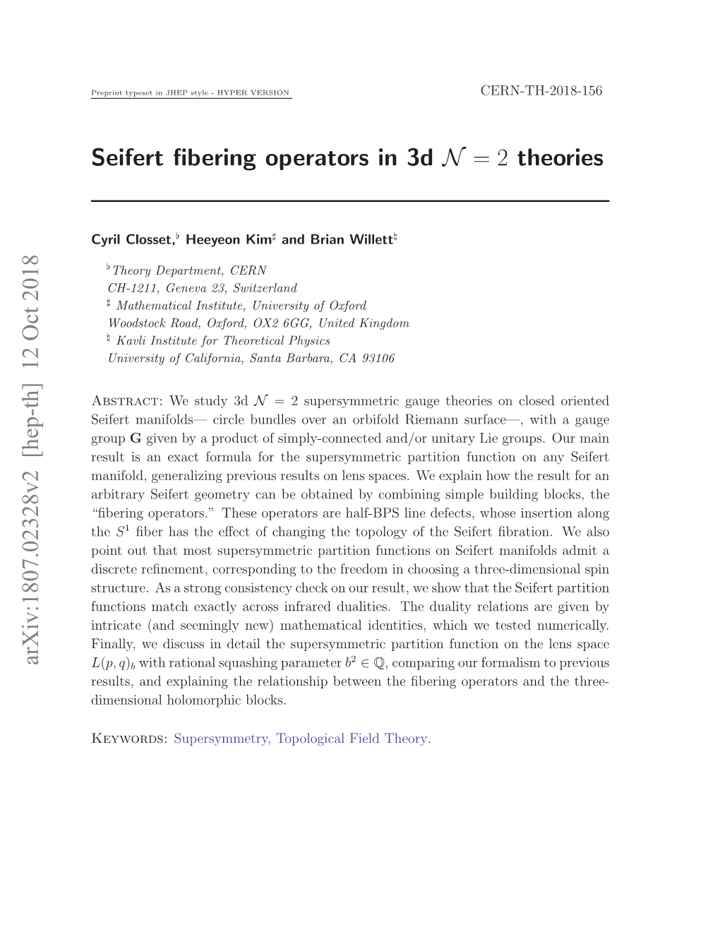 Seifert Fibering Operators in 3D N = 2 Theories Arxiv:1807.02328V2 [Hep