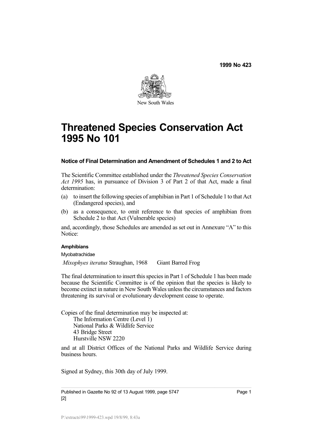 Threatened Species Conservation Act 1995 No 101