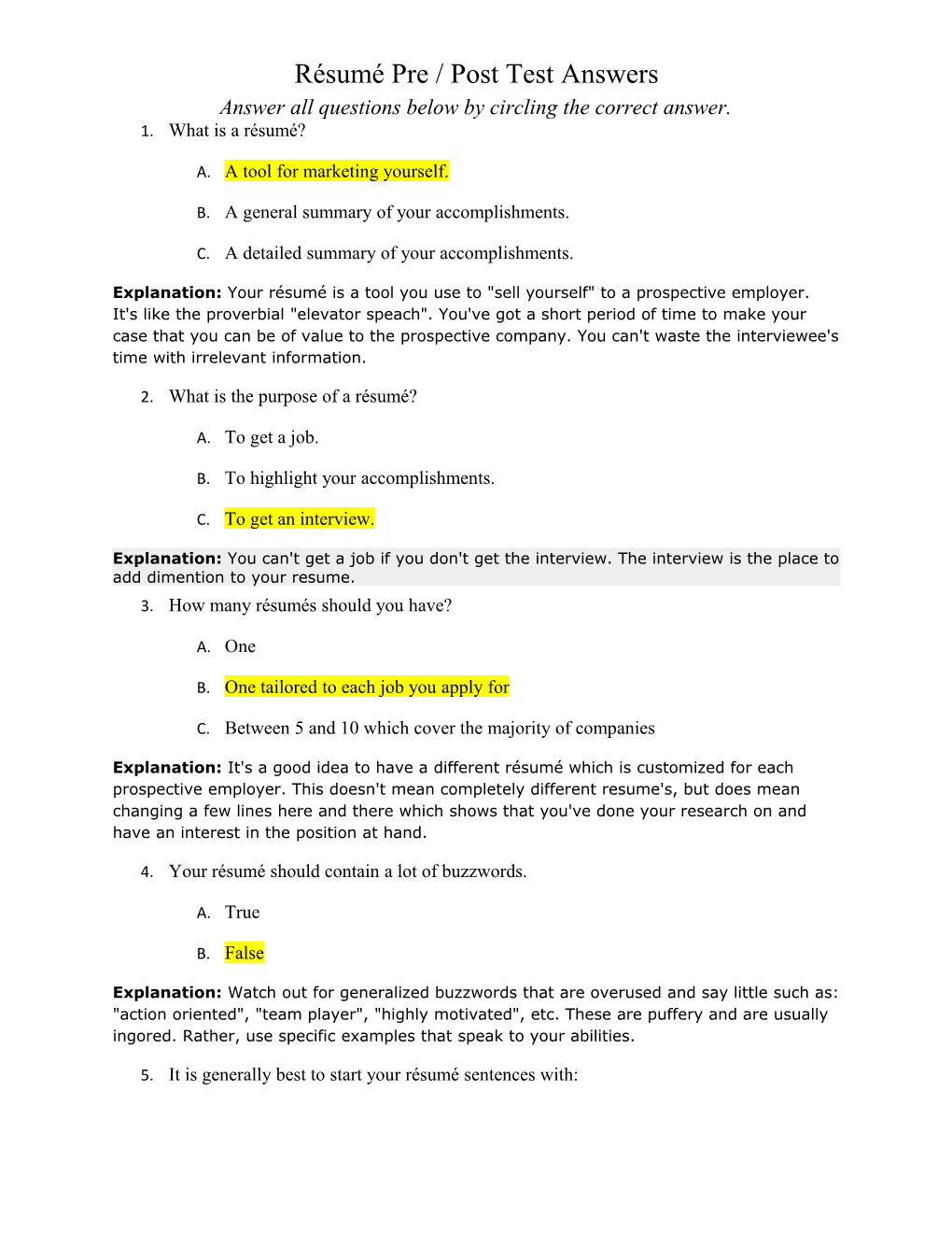 Résumé Pre / Post Test Answers