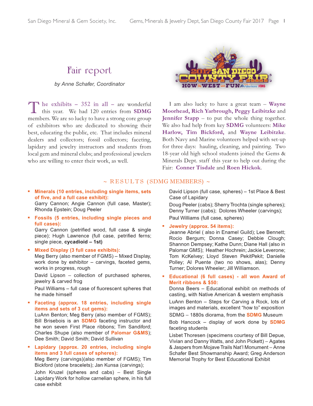 Fair Report by Anne Schafer, Coordinator