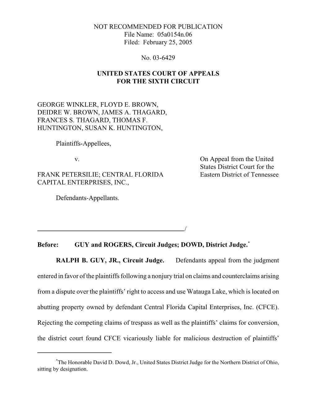 05A0154n.06 Filed: February 25, 2005 No. 03-6429 UNITED STATES