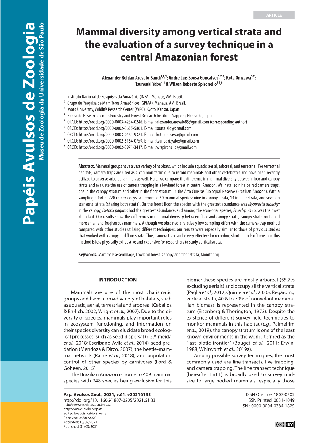 Mammal Diversity Among Vertical Strata and the Evaluation of a Survey Technique in a Central Amazonian Forest