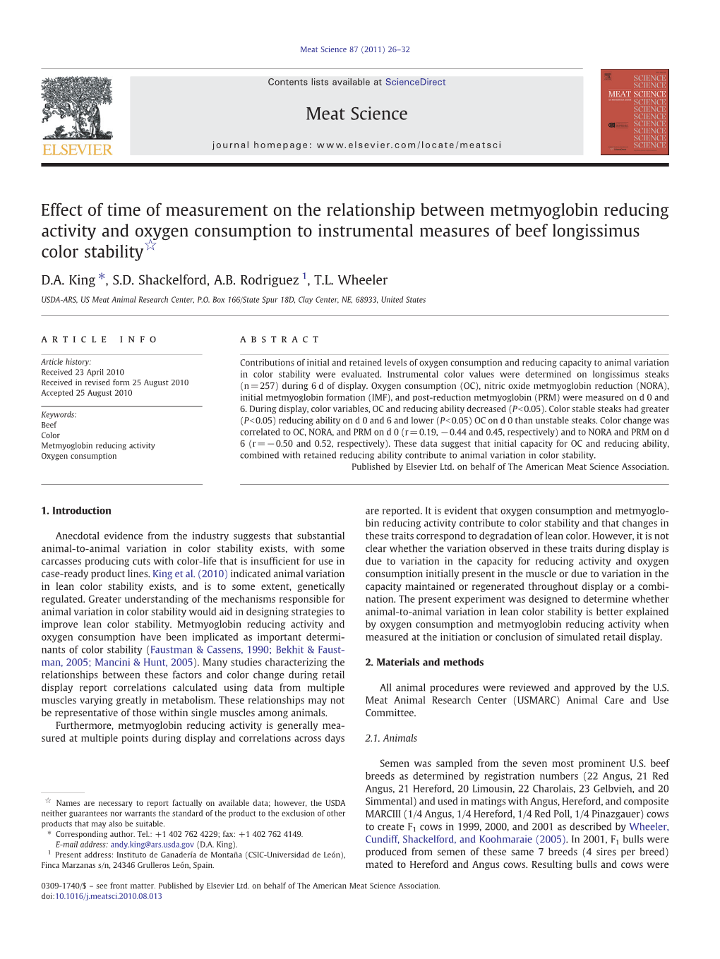 Effect of Time of Measurement on the Relationship Between Metmyoglobin