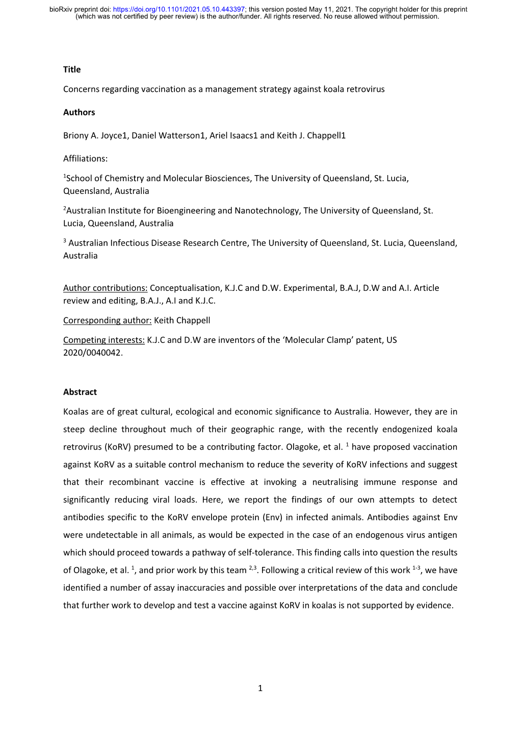 Concerns Regarding Vaccination As a Management Strategy Against Koala Retrovirus