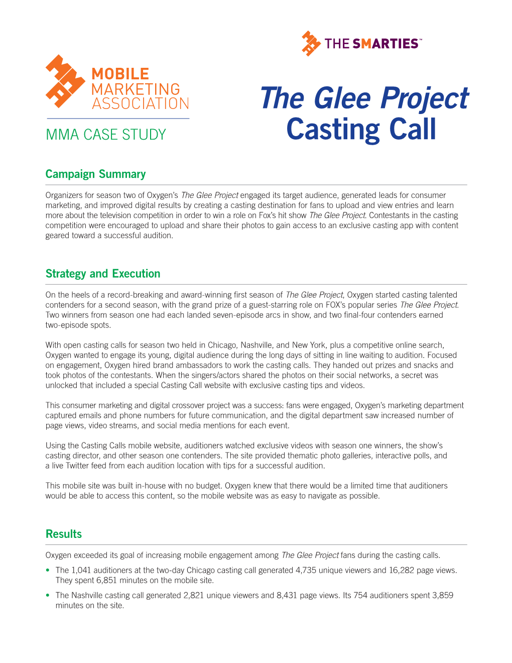 The Glee Project Casting Call Cross-Media Event.” 2012 Smarties Submission Cross-Mobile Integration