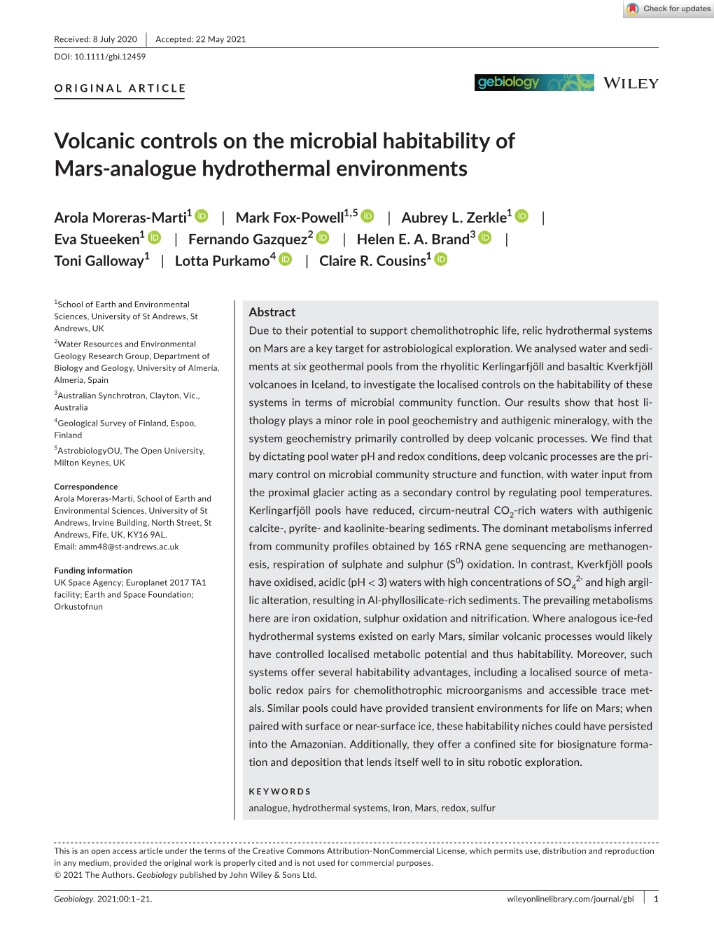 Volcanic Controls on the Microbial Habitability of Mars-­Analogue Hydrothermal Environments