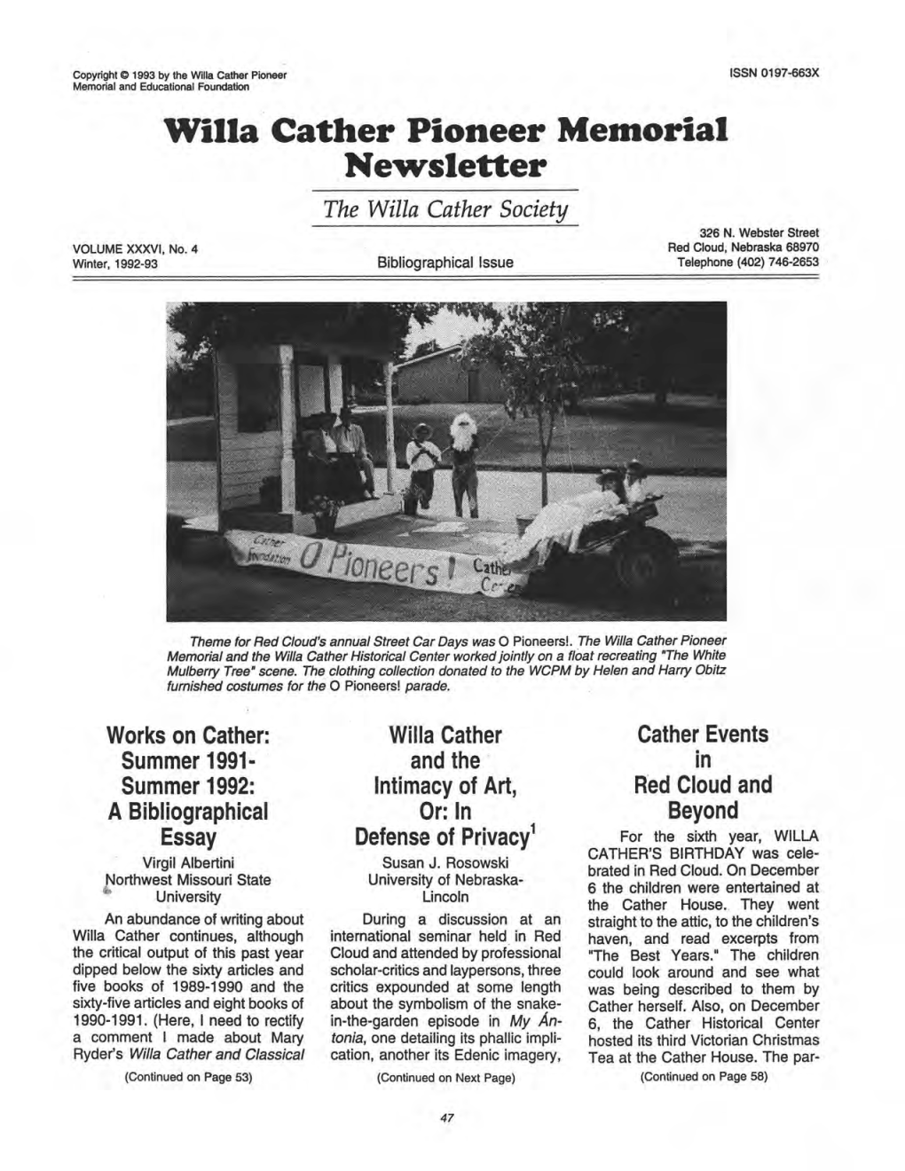 Willa Cather Pioneer Memorial Newsletter the Willa Cather Society 326 N