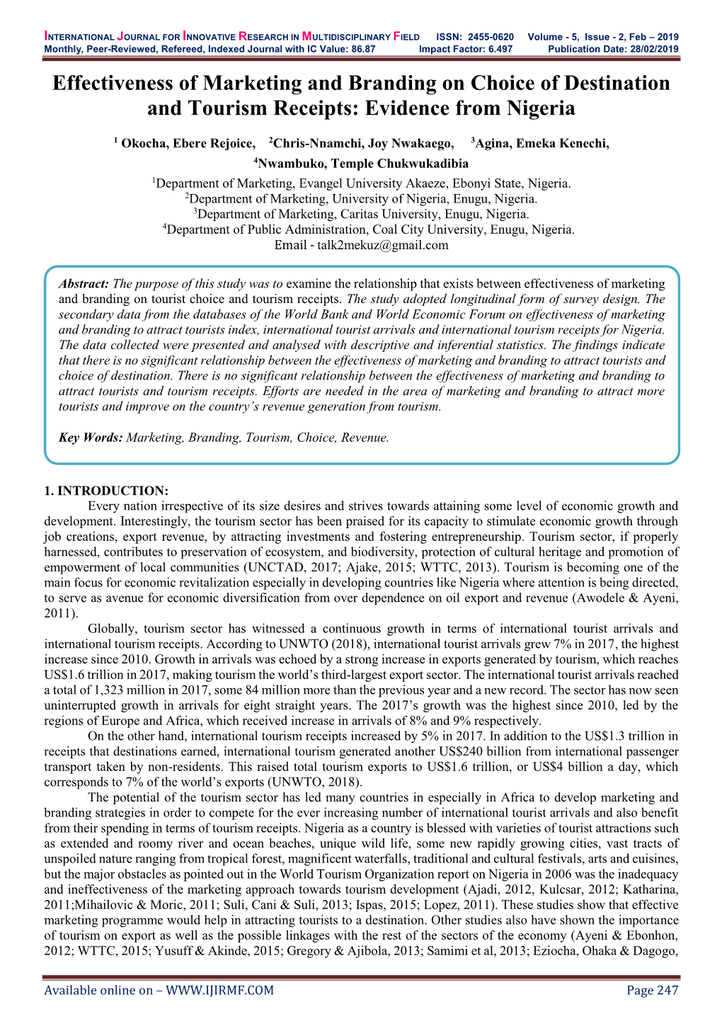 Effectiveness of Marketing and Branding on Choice of Destination and Tourism Receipts: Evidence from Nigeria