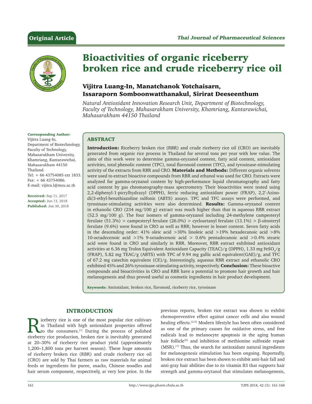 Bioactivities of Organic Riceberry Broken Rice and Crude Riceberry Rice Oil