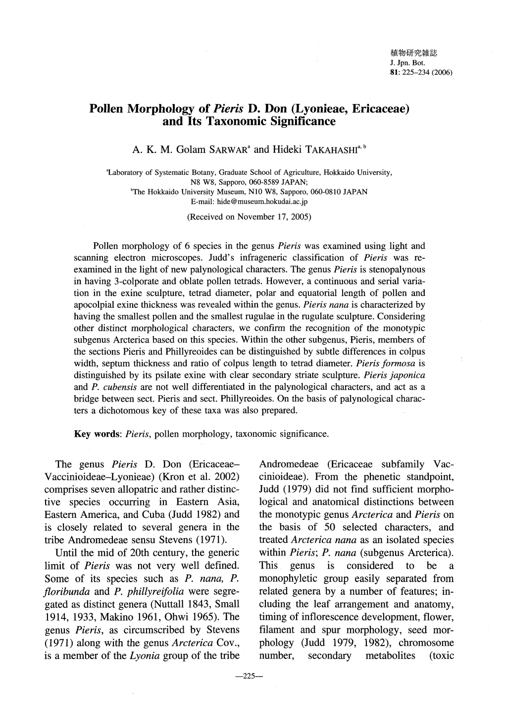 Page 1 植物研究雜誌 J. Jpn. Bot. 81: 225–234 (2006) Pollen Morphology