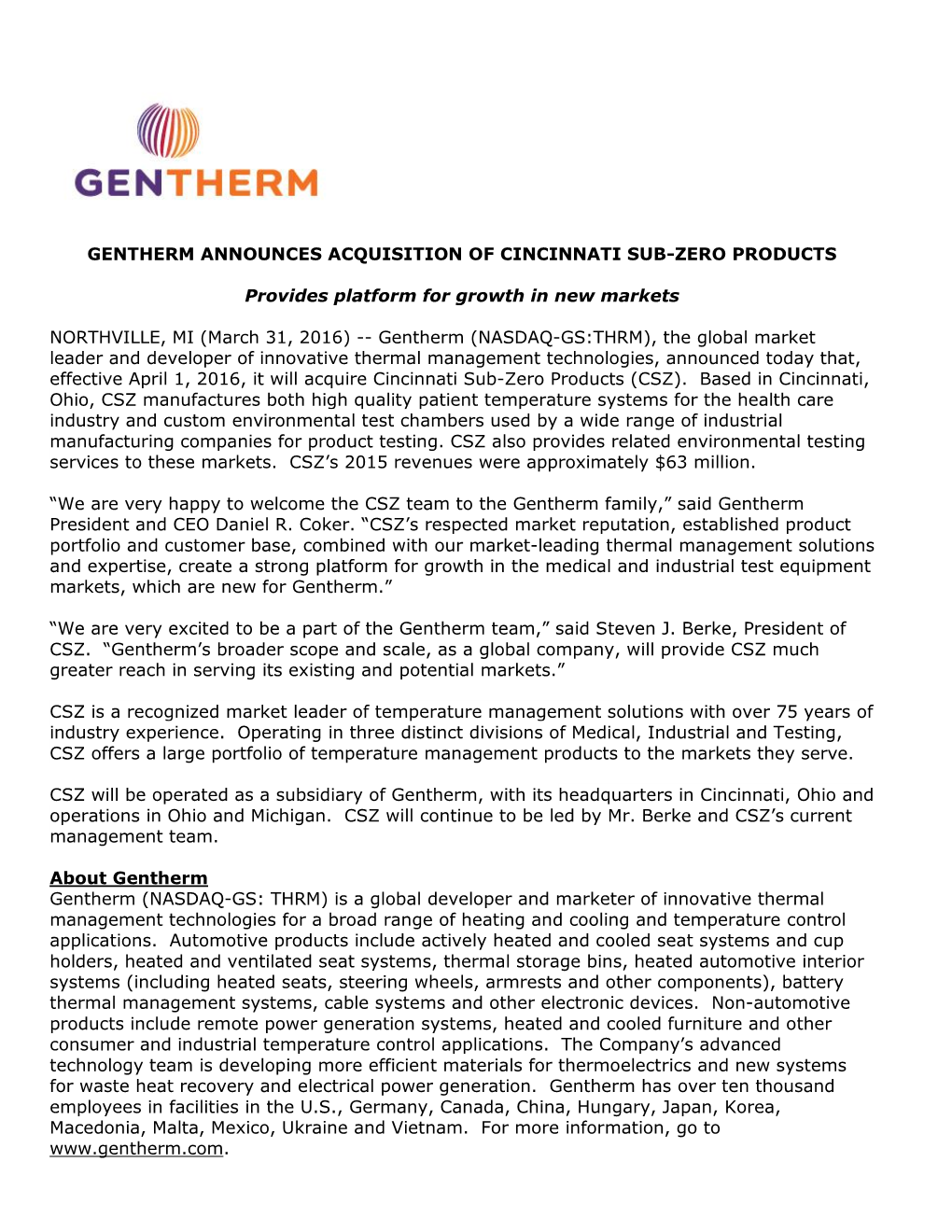 Gentherm Announces Acquisition of Cincinnati Sub-Zero Products