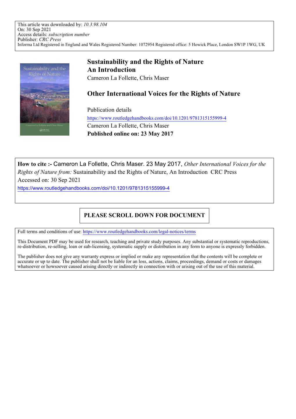 Sustainability and the Rights of Nature an Introduction Other International