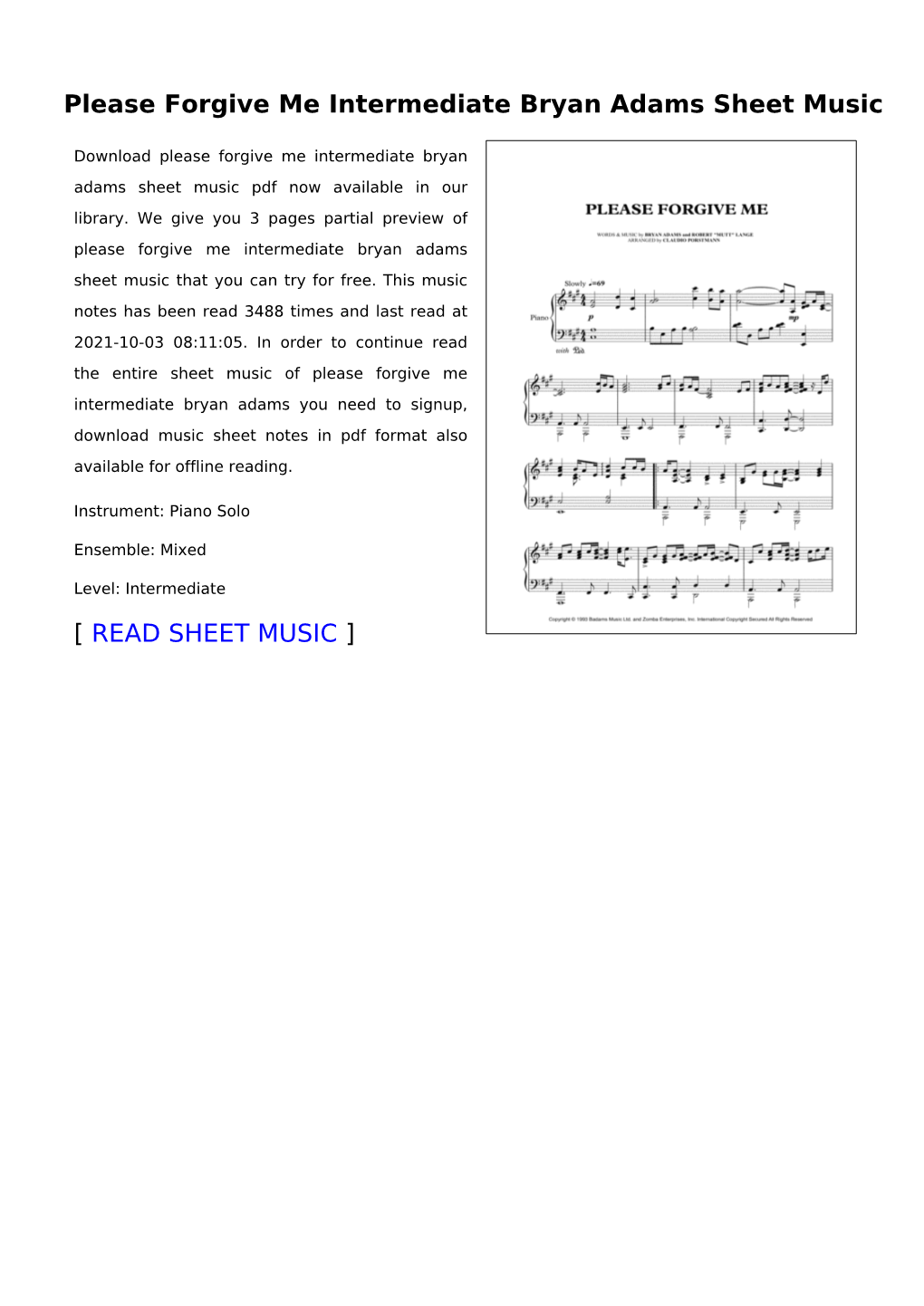 Please Forgive Me Intermediate Bryan Adams Sheet Music