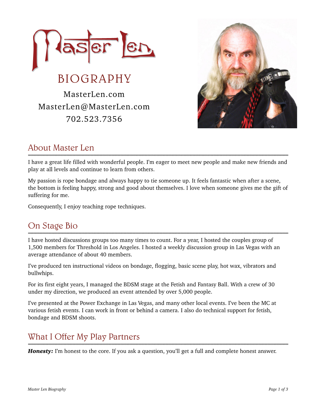 BIOGRAPHY Masterlen.Com Masterlen@Masterlen.Com 702.523.7356