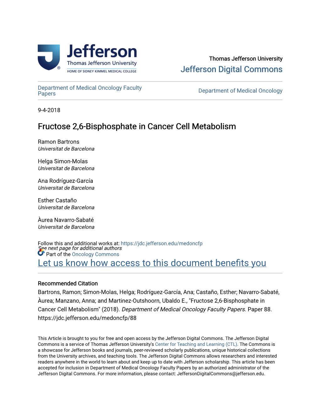 Fructose 2,6-Bisphosphate in Cancer Cell Metabolism