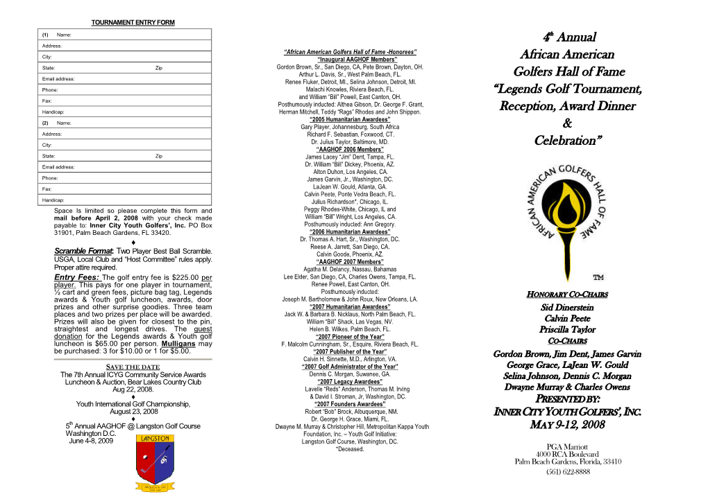 Legends Golf Tournament, Reception, Award Dinner