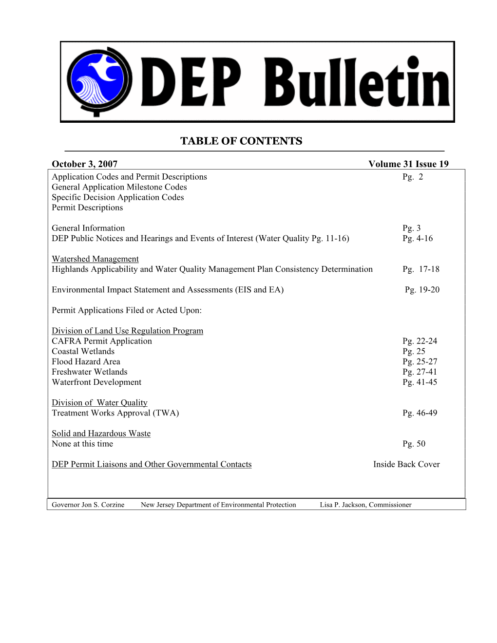 NJDEP-DEP Bulletin, 10/3/2007 Issue`