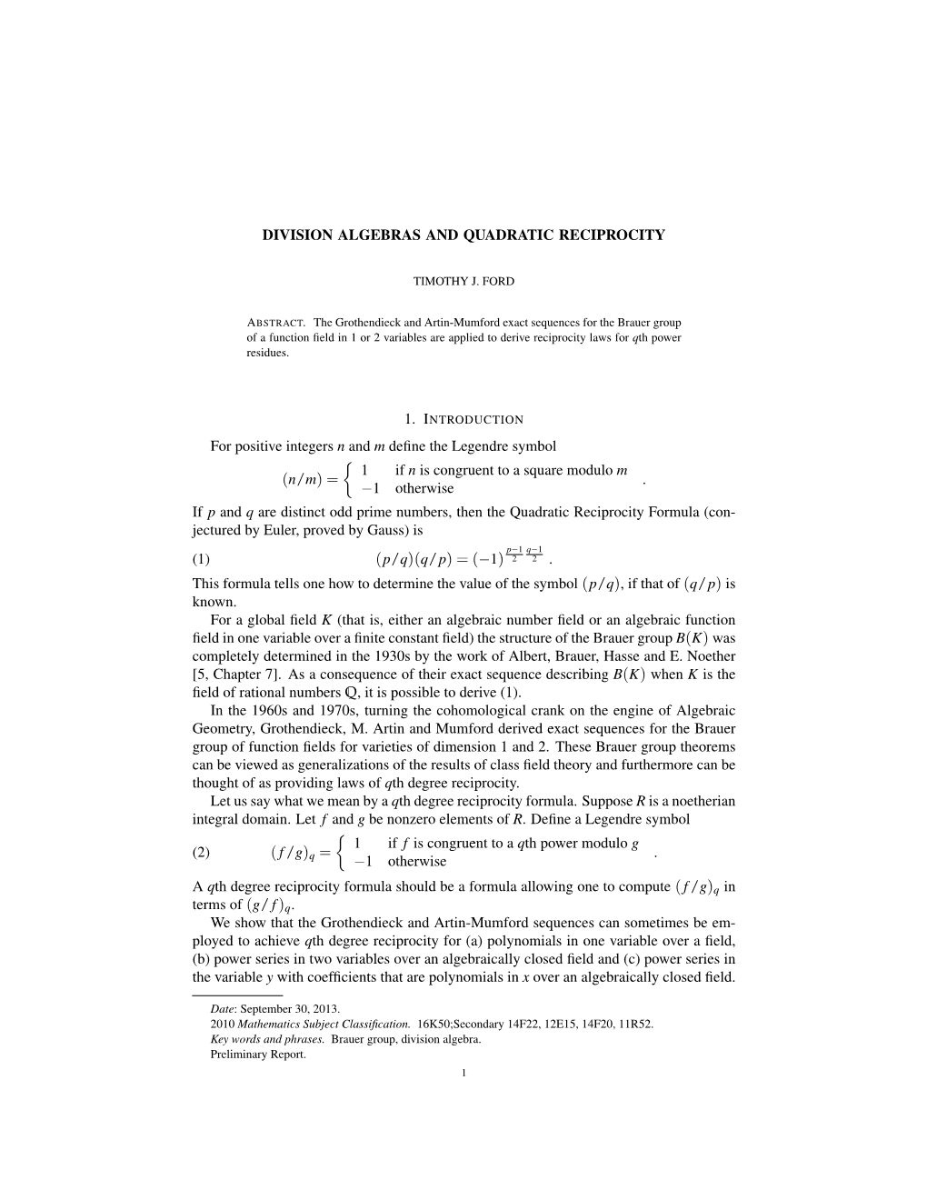 DIVISION ALGEBRAS and QUADRATIC RECIPROCITY For