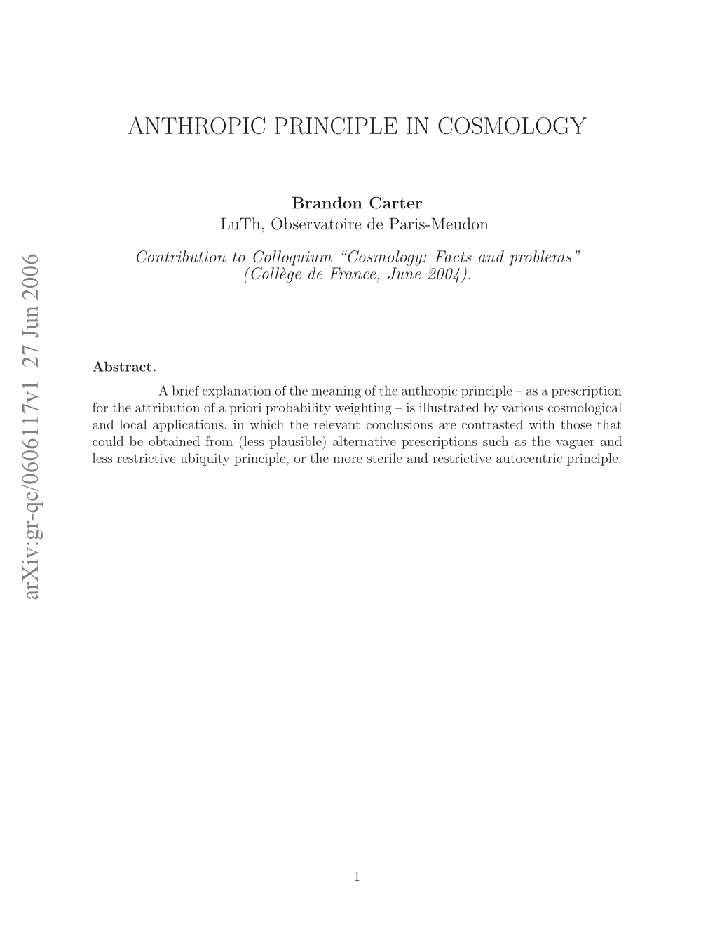 Anthropic Principle in Cosmology”, in Confrontations of Cosmological Theories with Observational Data (I.A.U