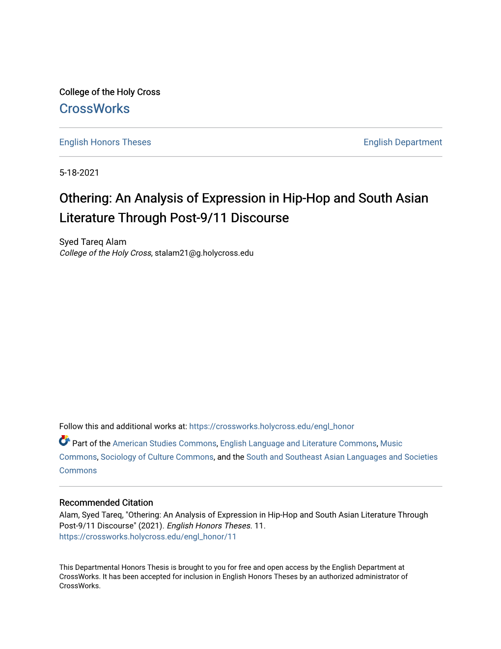 An Analysis of Expression in Hip-Hop and South Asian Literature Through Post-9/11 Discourse